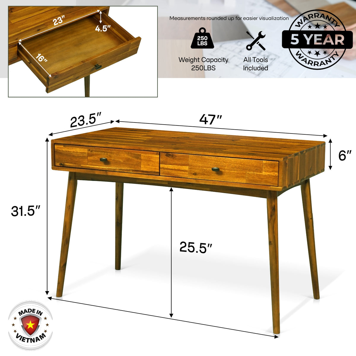 Schéma du bureau en bois massif caramel : deux tiroirs et pieds en bois