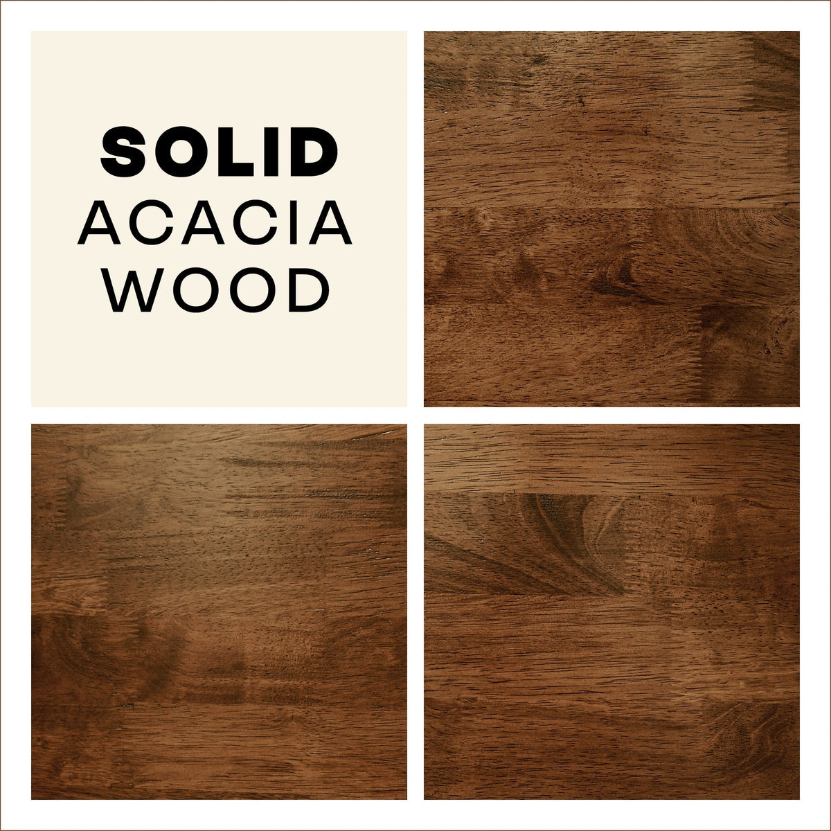 Planche de bois d’acacia brun foncé, texture et veines visibles pour le cadre de lit