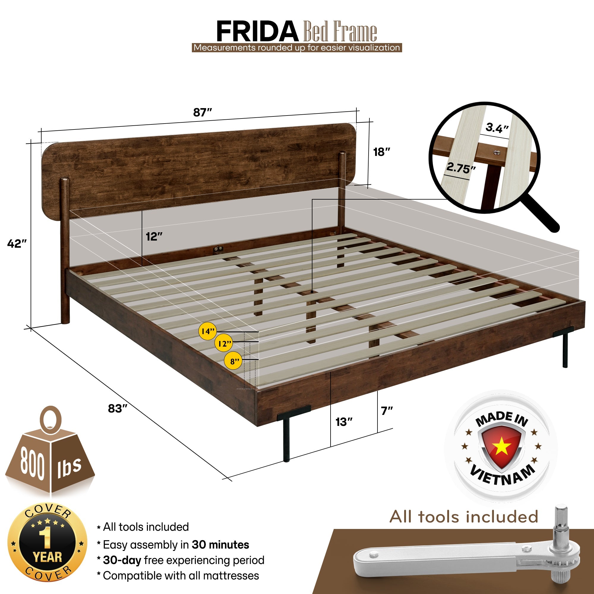 Cadre de lit Frida en bois massif | Fait à la main | Bois d’hévéa durable