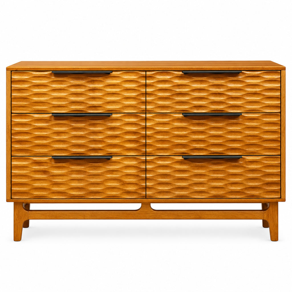 Commode en bois brun doré à 6 tiroirs, motif ondulé en relief et piétement