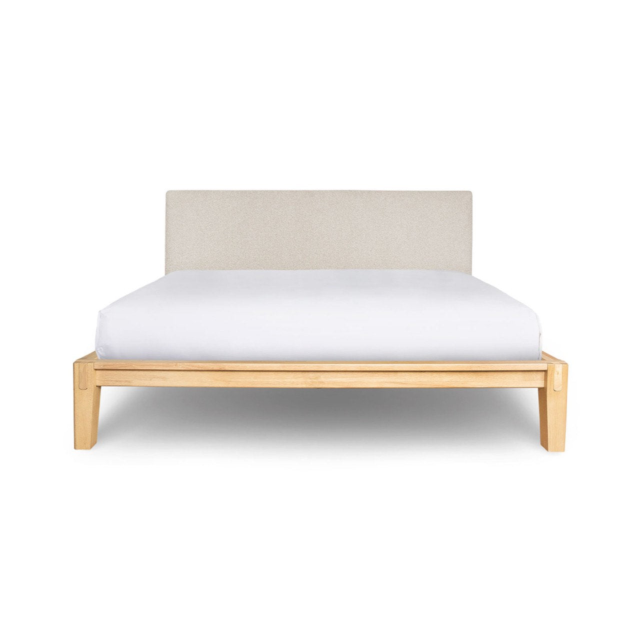 Lit double Luna chêne massif avec tête de lit rembourrée | 152 × 97 × 216 cm | Beige