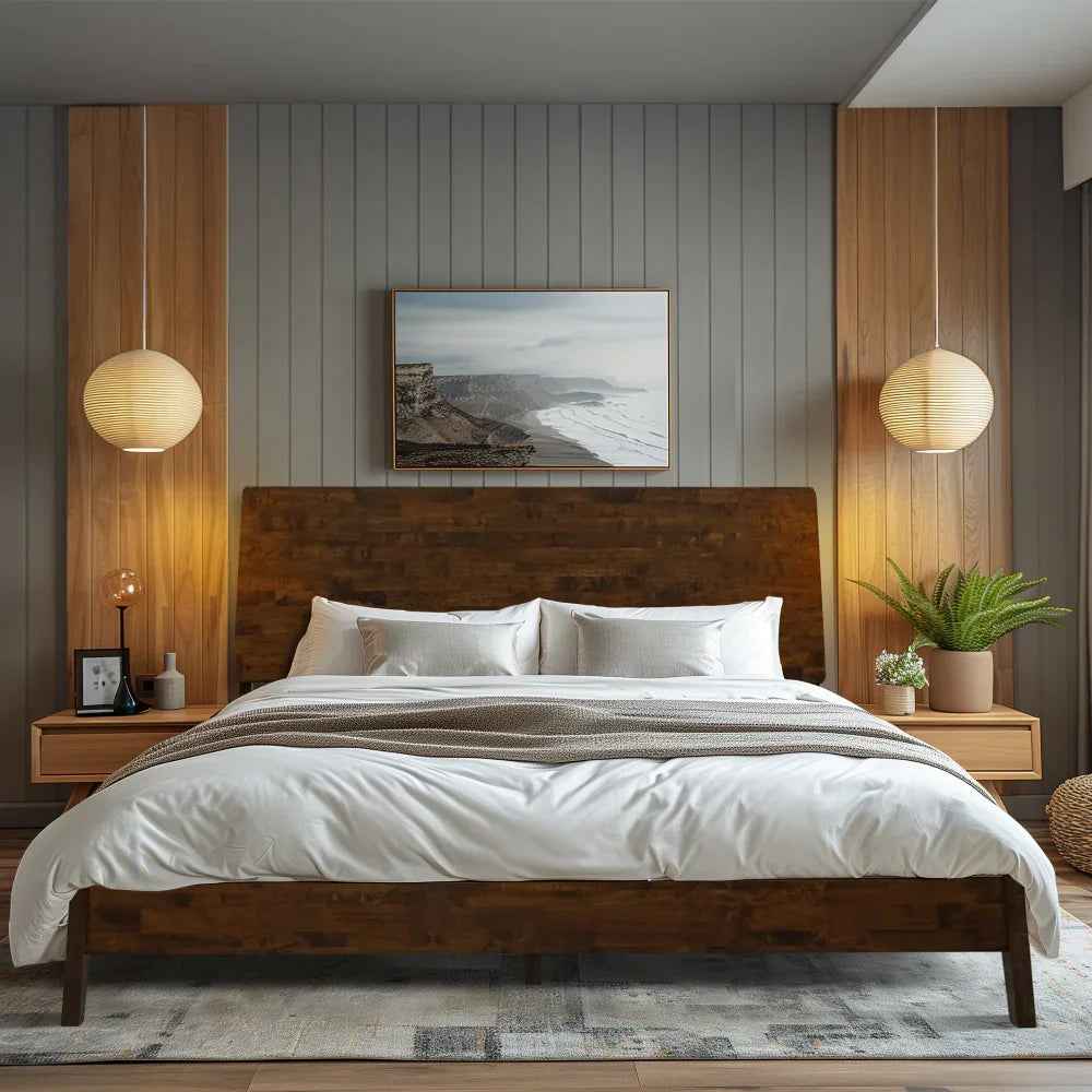 Lit plateforme en bois avec grand panneau de tête, structure rectangulaire et pieds