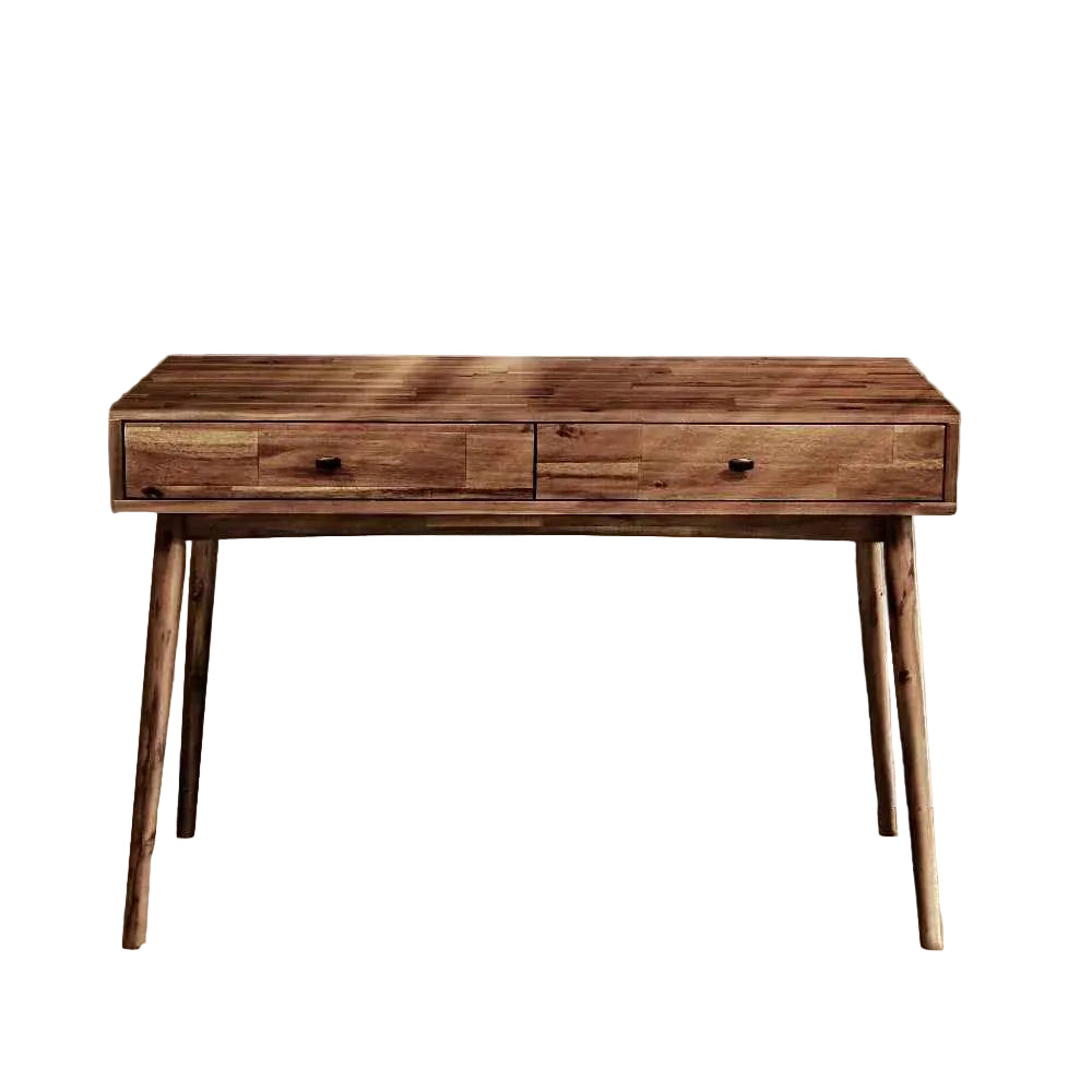 Bureau en bois massif brun, plateau rectangulaire et deux tiroirs avec poignées noires.