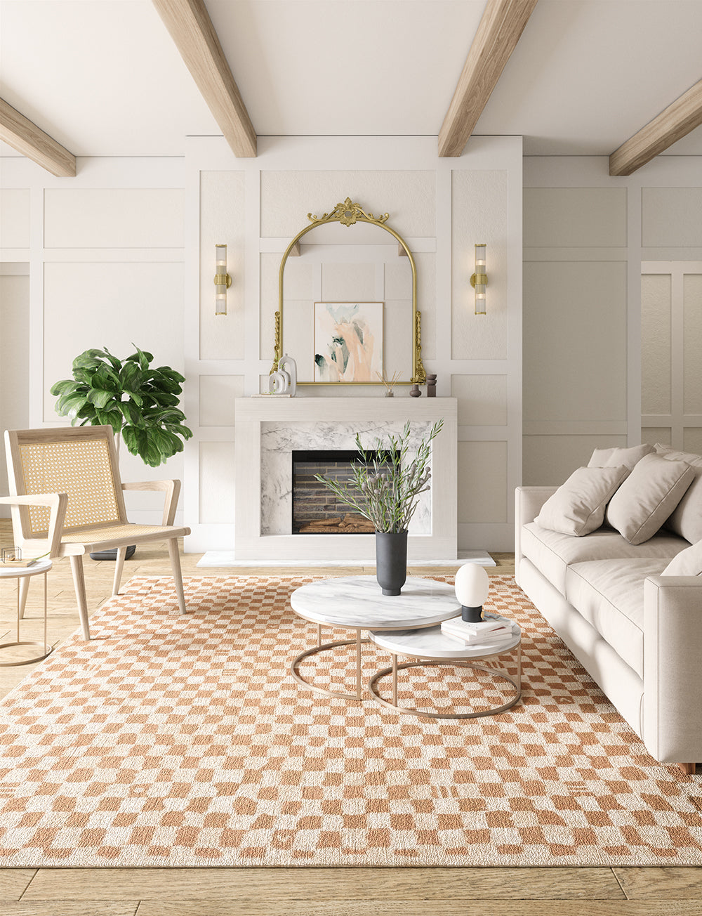 Tapis Metro à carreaux beige naturel & corail | Inspiration marocaine minimaliste