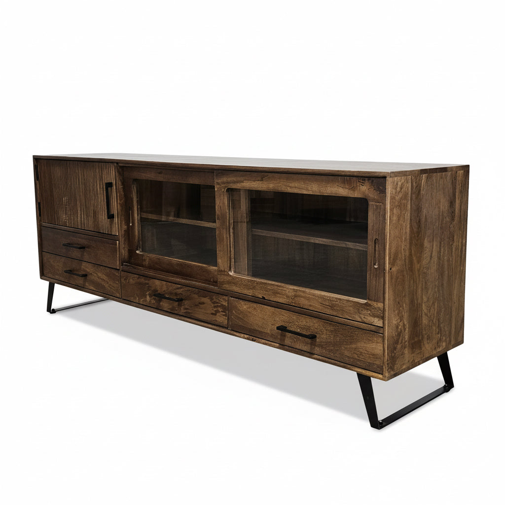 Meuble Télé Arezzo en bois de manguier | Portes coulissantes vitrées