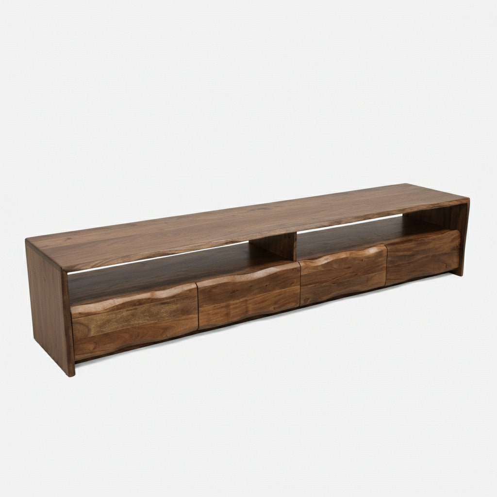 Meuble télé en bois d’acacia Live Edge | Fini Walnut | 4 tiroirs