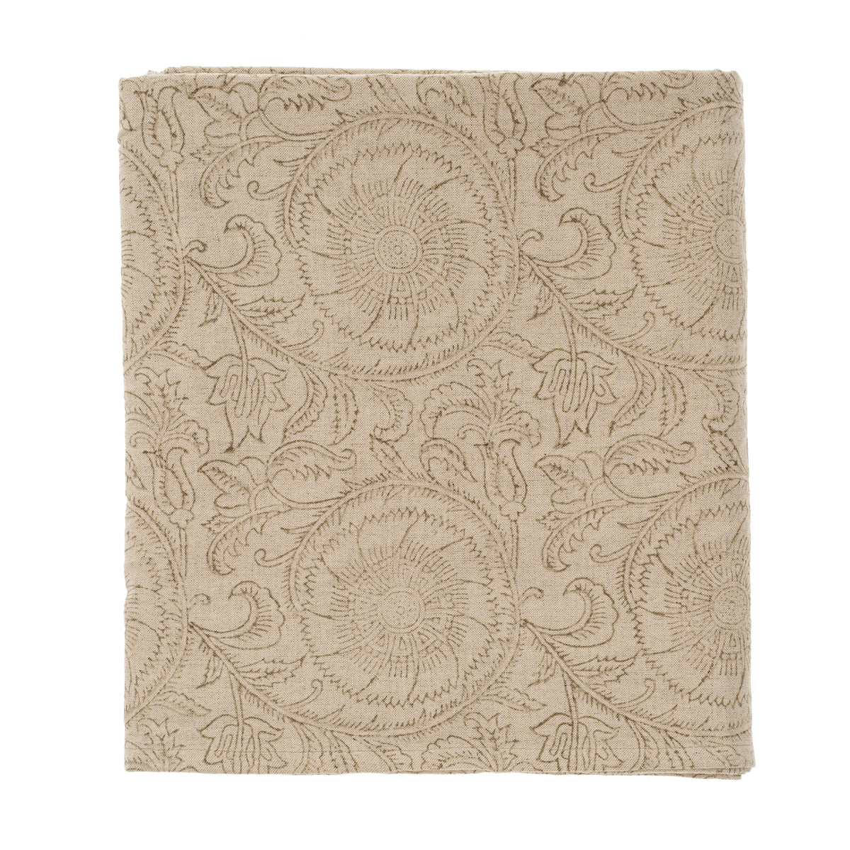 Nappe beige clair imprimée au bloc, motifs botaniques de fleurs et feuilles