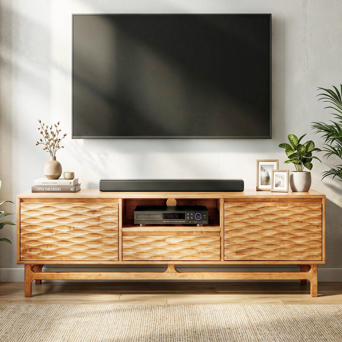 Meuble TV en bois clair avec portes ondulées, compartiment central et pieds en bois