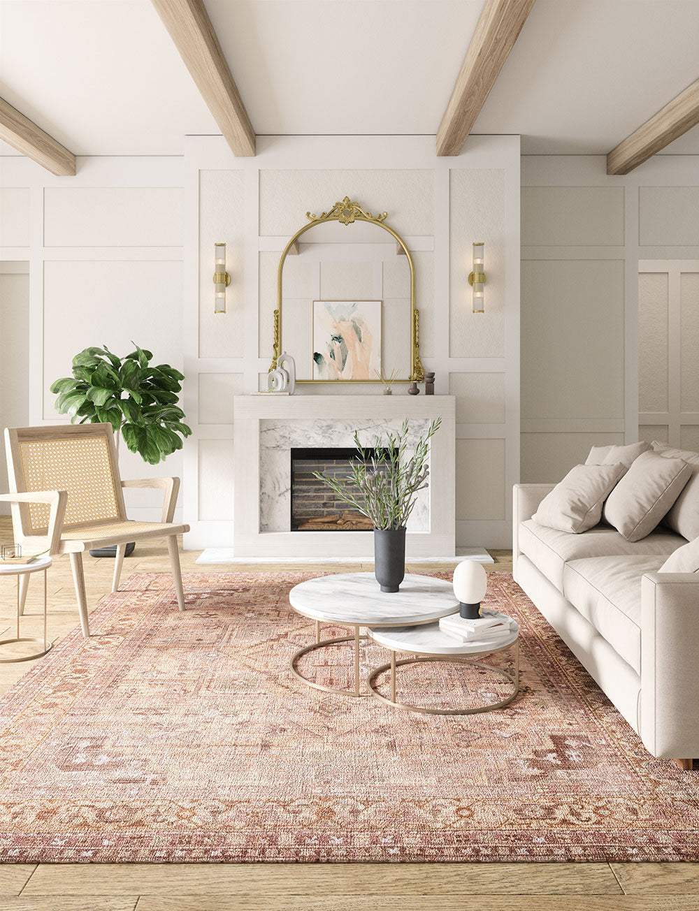 Tapis Ozana Naturel | Motif Persan Beige, Jaune & Vert Menthe