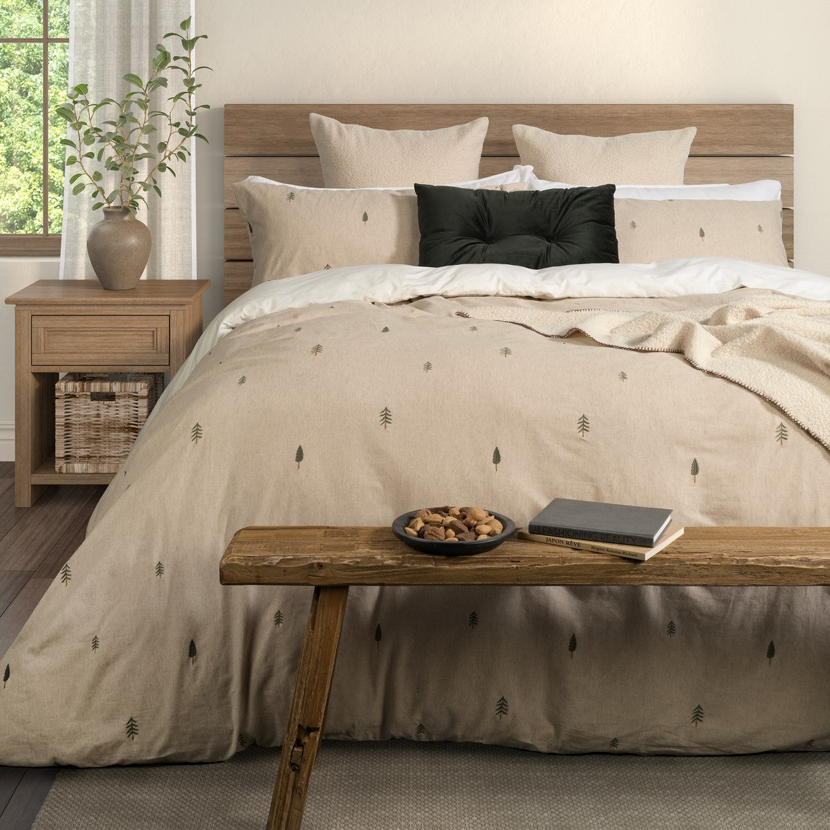Ensemble de housse de couette naturel avec sapins brodés Papou