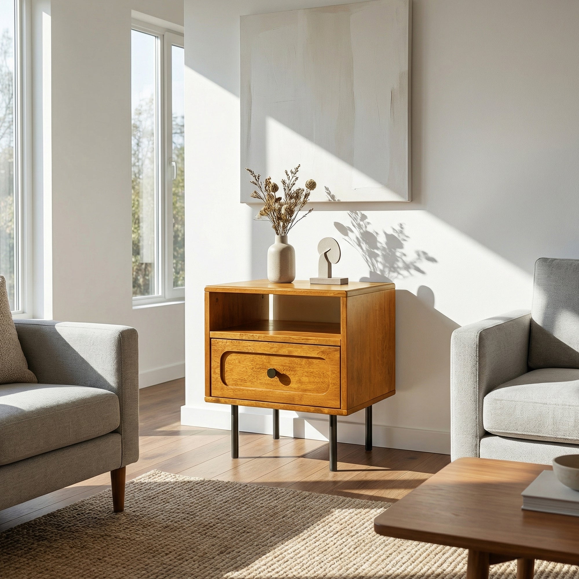 Table de chevet Savana en bois massif | 1 tiroir | Style mid-century moderne
