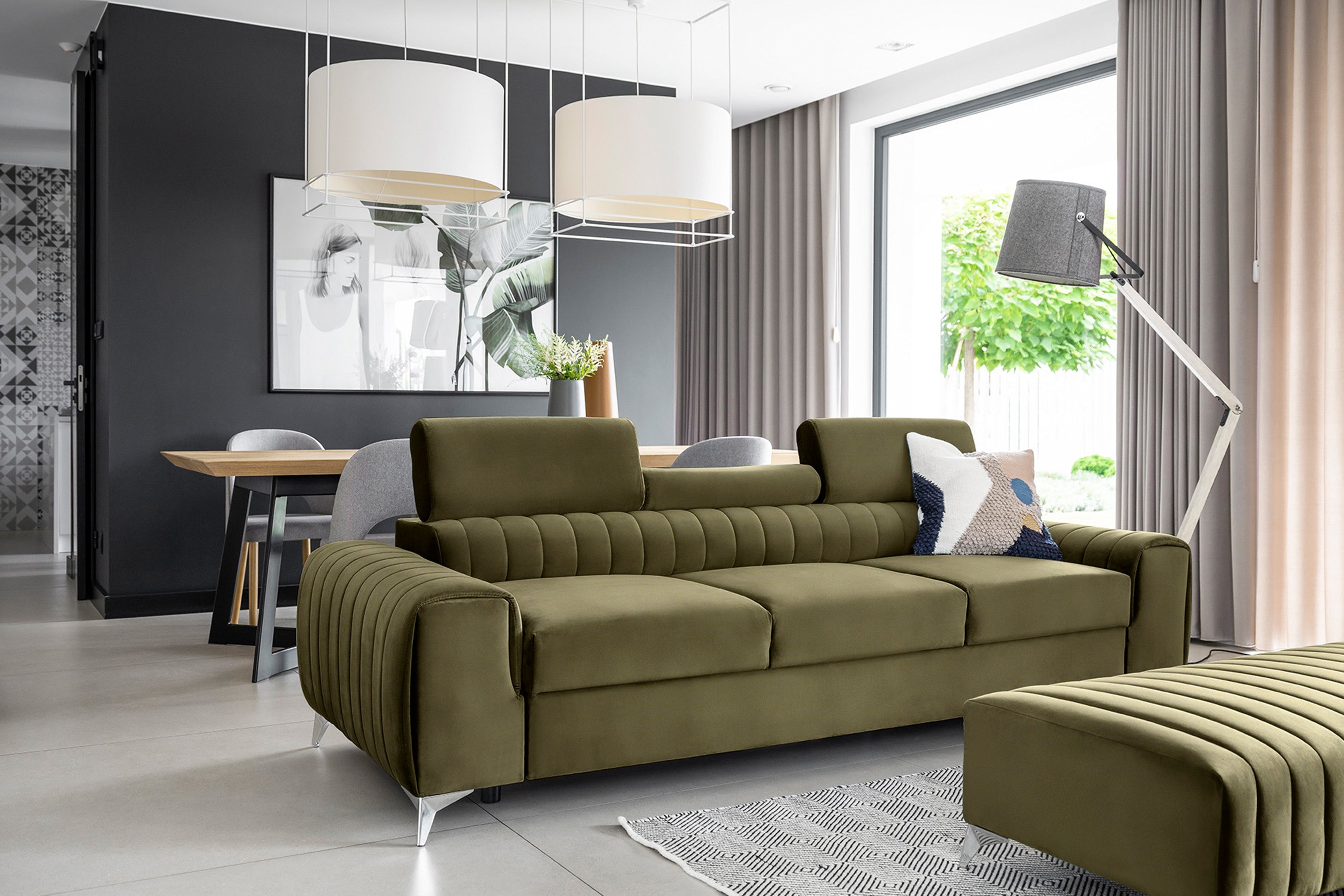 Canapé 3 places convertible Laurence en velours | 261 × 105 × 97 cm | Olive Green