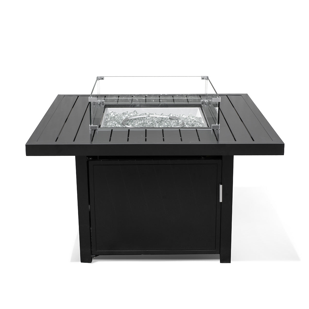 Table foyer extérieure ronde de 42 po en aluminium thermolaqué avec foyer au propane, pare-vent en verre et couvercle Krikacy.