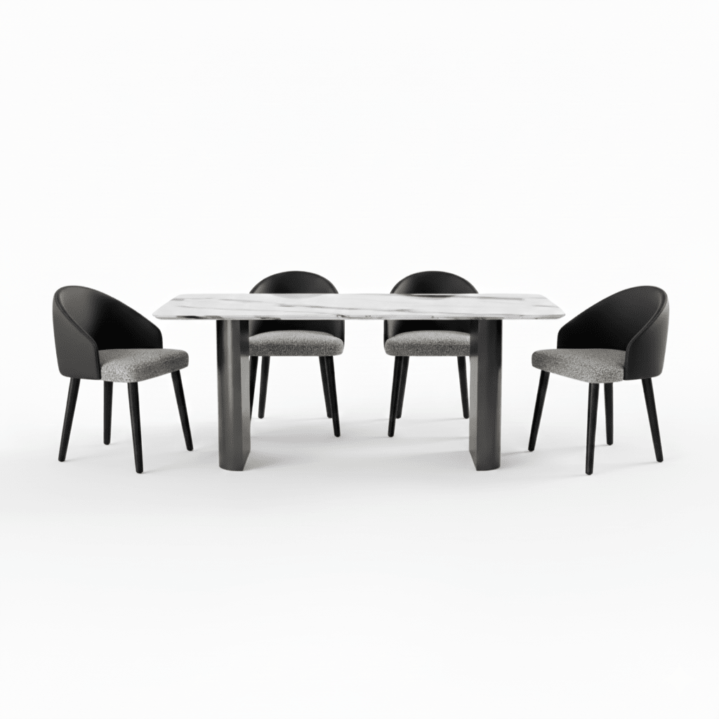 Ensemble de salle à manger Arcadia avec table en pierre effet marbre et chaises en cuir végan sur fond blanc