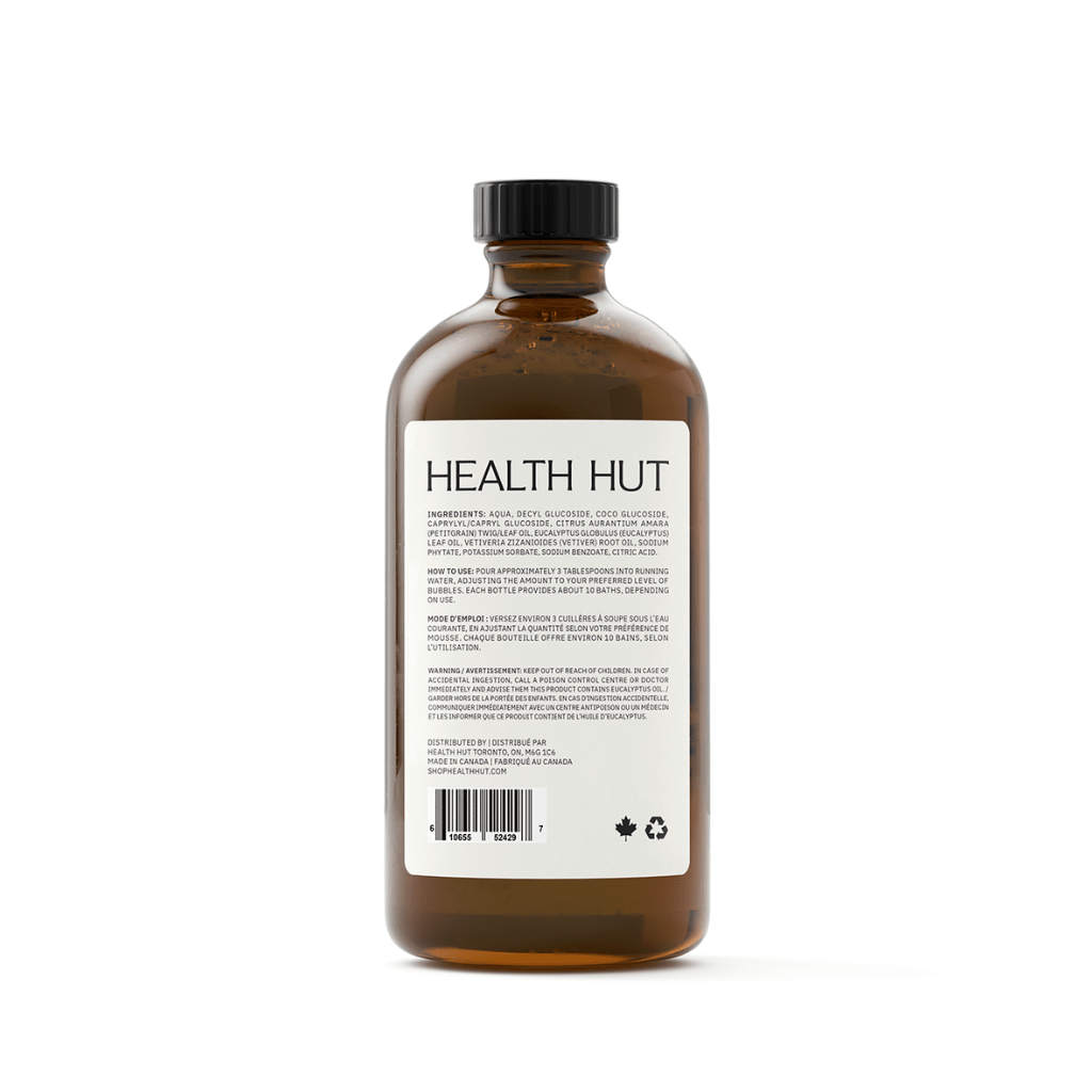 Bain moussant naturel 500 ml eucalyptus, vétiver & petitgrain, végétal Health Hut, Les Trouvailles de Justine