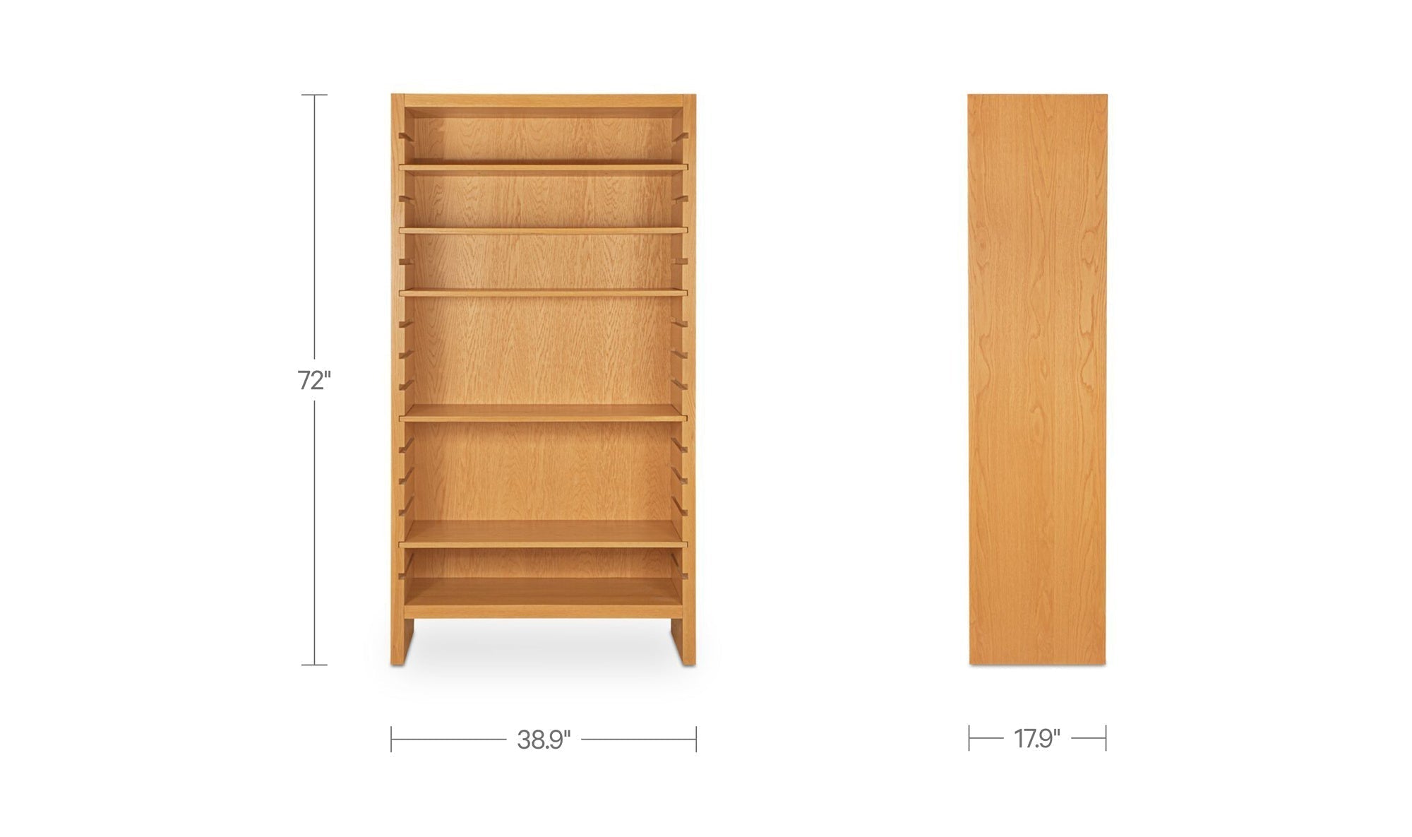 Bibliothèque en chêne naturel : dimensions indiquées, vue de face et panneau latéral.