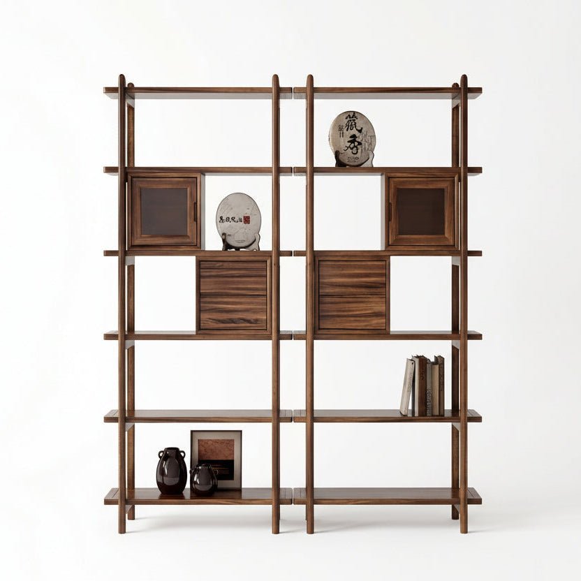 Bibliothèque en noyer sombre, vue de face avec cadres carrés et portes vitrées