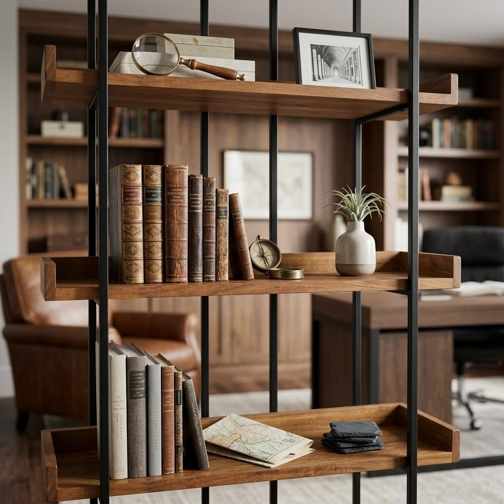 Bibliothèque industrielle en métal noir et acacia, étagères ouvertes avec livres et décorations