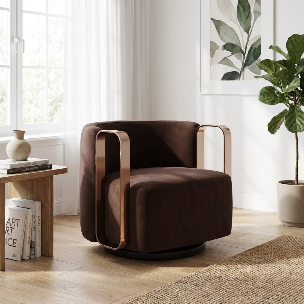 Fauteuil pivotant brun foncé, assise arrondie et dossier haut, accoudoirs en métal