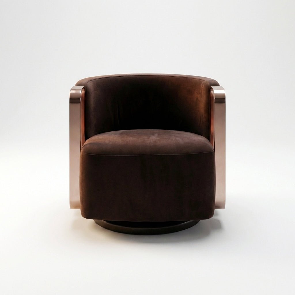 Fauteuil pivotant en tissu brun foncé, accoudoirs latéraux à cadre métallisé, vue de face