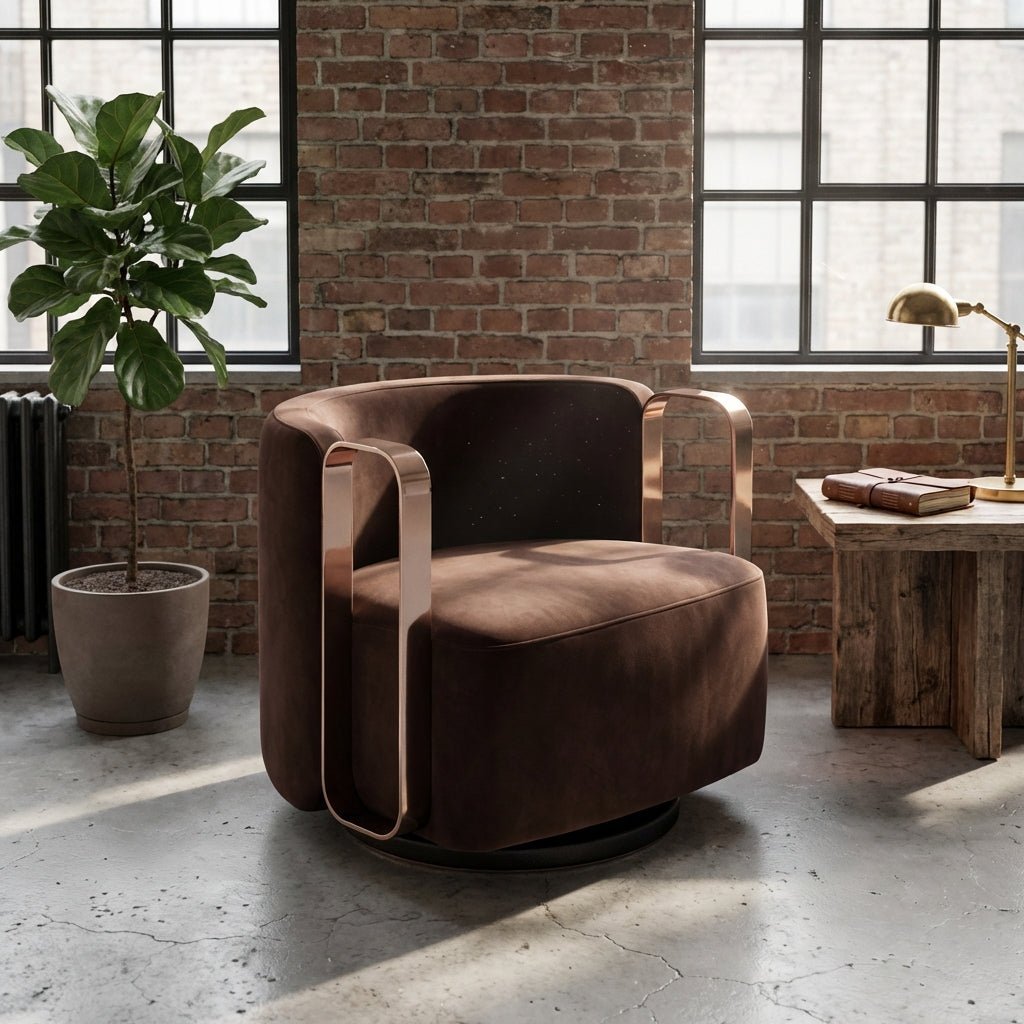 Fauteuil pivotant en tissu brun foncé, base circulaire noire, cadre métallisé effet bronze