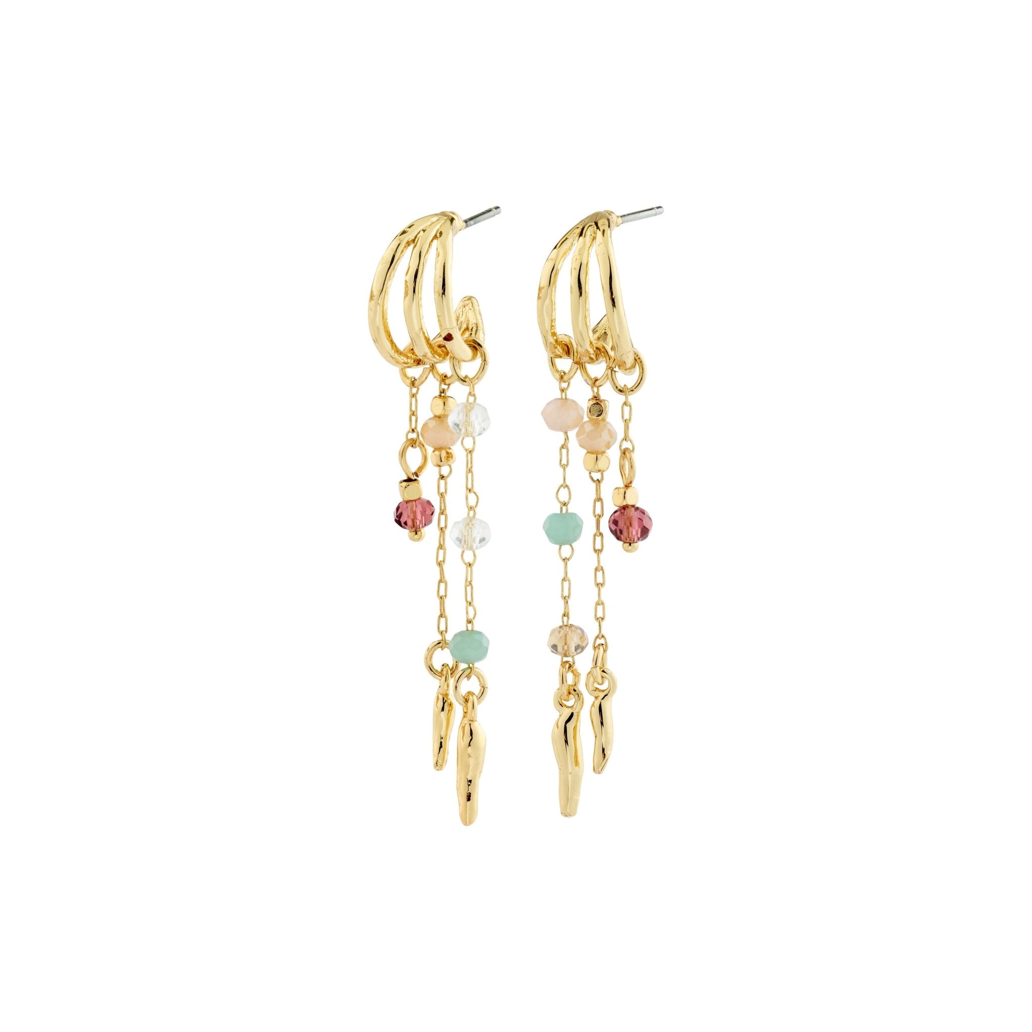 Boucles d’oreilles MORIN Pilgrim plaquées or ou argent avec demi-créoles, chaînes et perles de verre colorées.