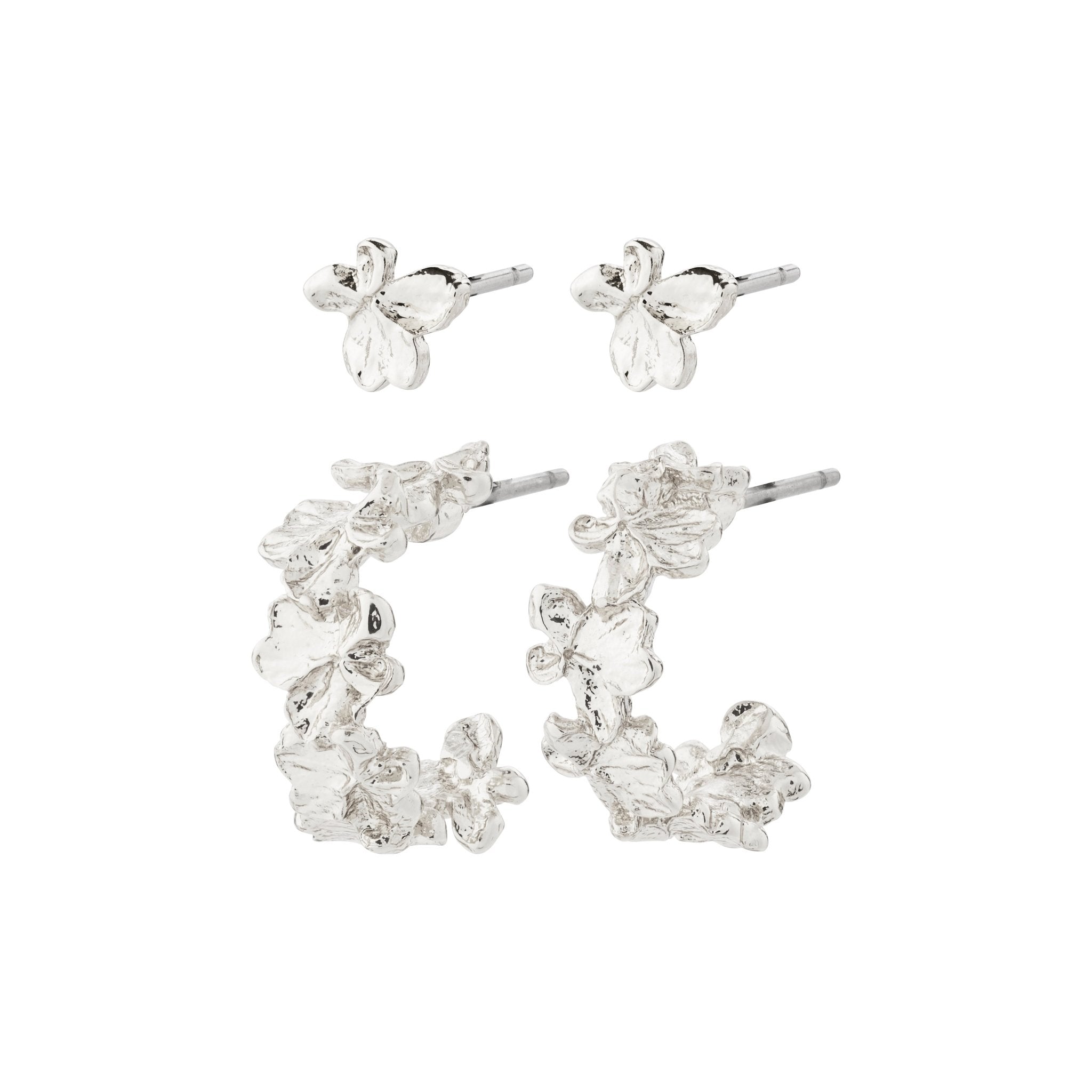 Boucles d’oreilles florales 2-en-1 argentées, ensemble de deux pièces, tiges