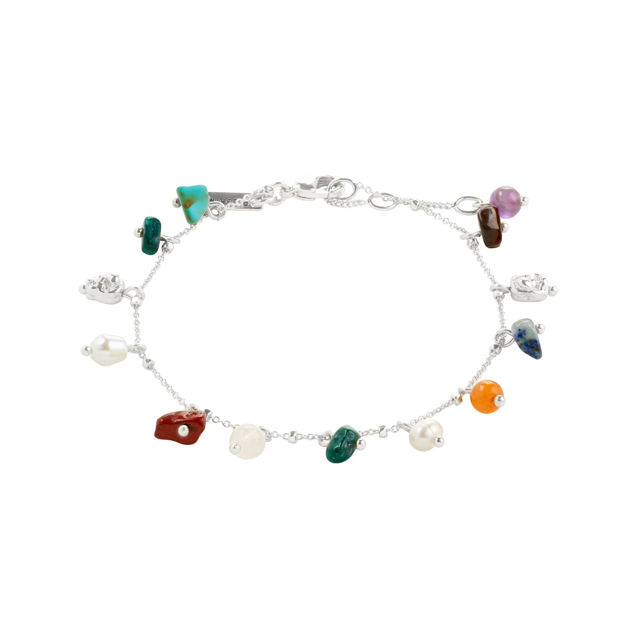 Bracelet fin argenté avec pierres semi-précieuses multicolores et breloques