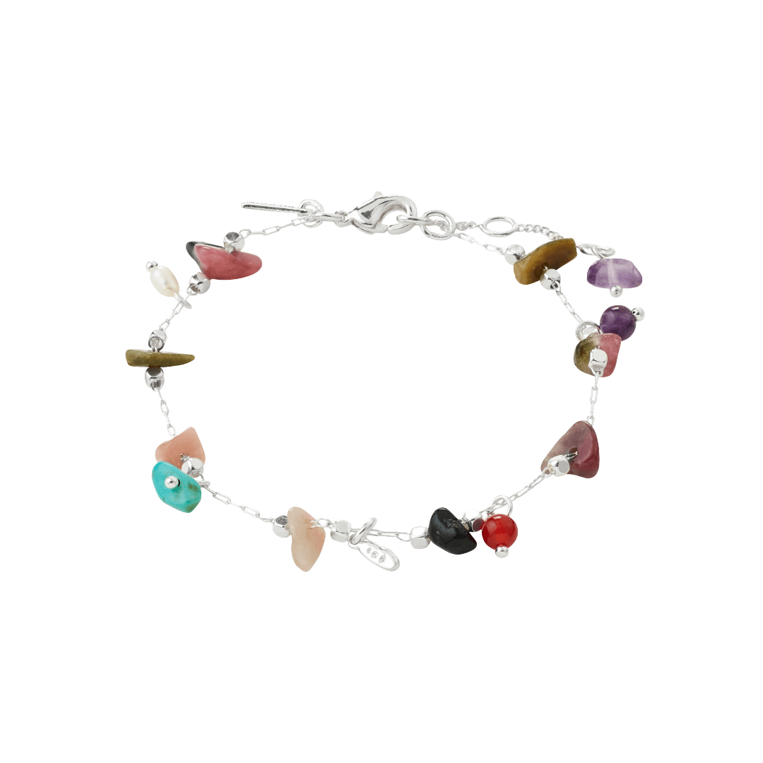 Bracelet à breloques en pierres colorées, chaîne argentée, vue de face