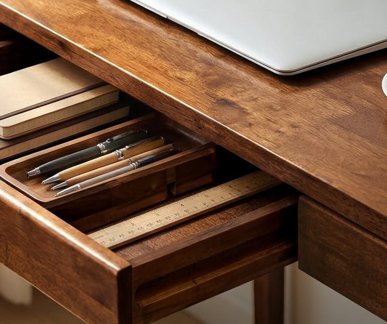 Bureau Wilma | Bois d’hévéa massif | Tiroir intégré & coins arrondis - Les Trouvailles de JustineTableDH International Trading Inc.Walnut