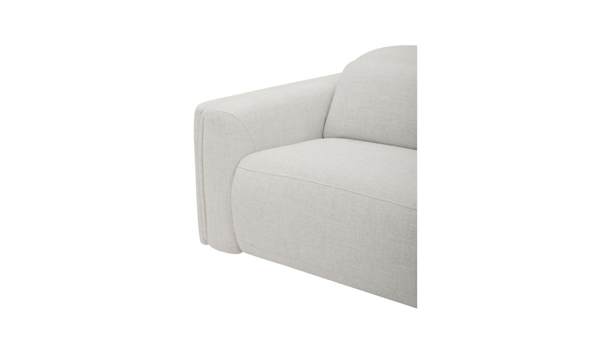 Dossier et accoudoir du canapé inclinable électrique en tissu écru, forme arrondie.