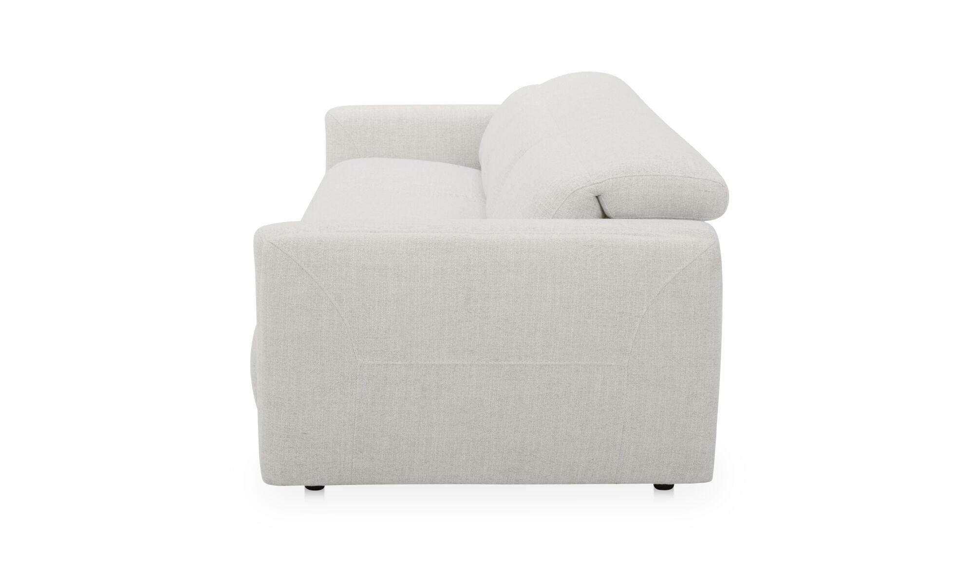 Canapé inclinable électrique 3 places en tissu beige clair, coussins et accoudoirs.
