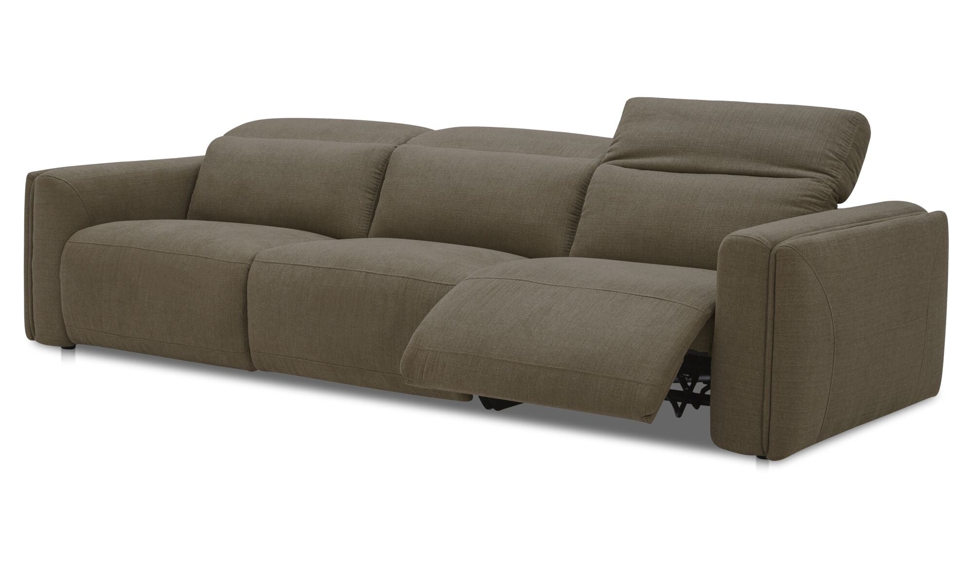 Canapé inclinable électrique 3 places taupe, vue de côté avec assise et dossier relevés