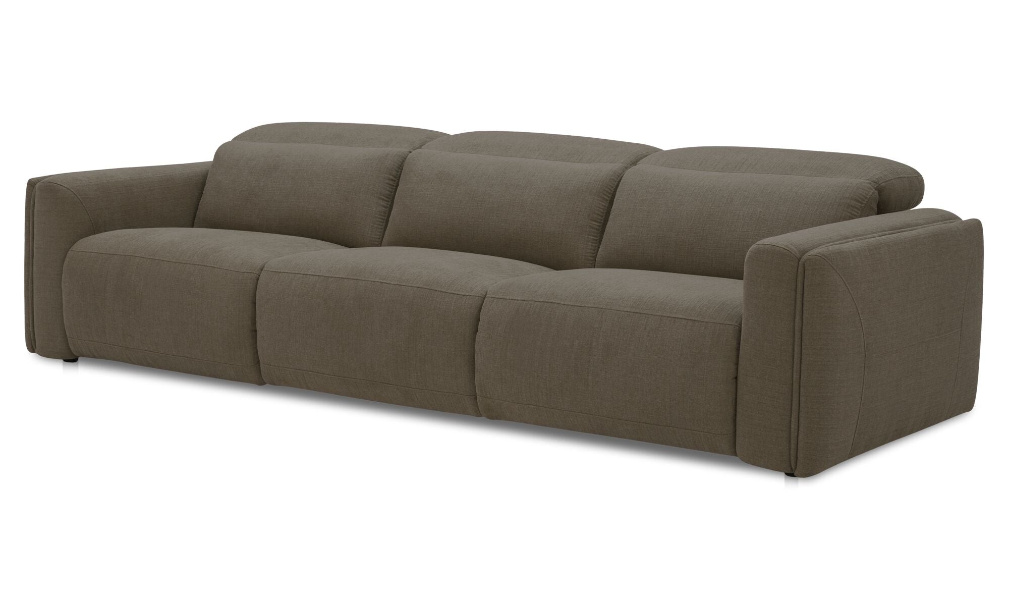 Canapé inclinable électrique 3 places en tissu taupe foncé, accoudoirs épais.