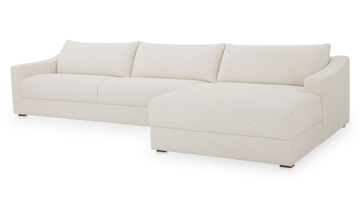 Canapé sectionnel en tissu beige clair, méridienne d’angle, coussins profonds