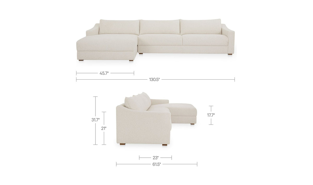 Canapé sectionnel beige clair, vue avec dimensions : assises à coussins profonds