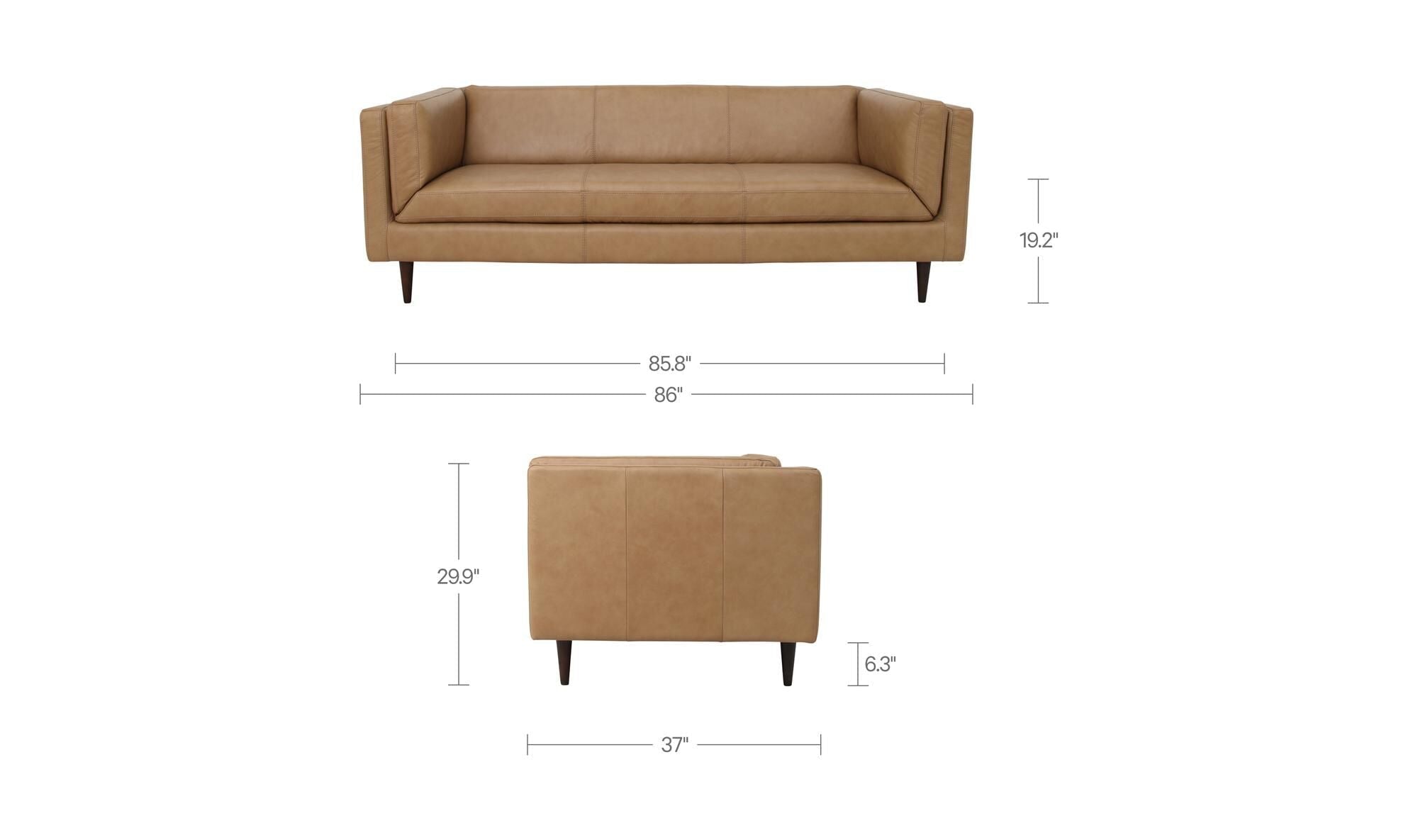 Canapé Waterbury en cuir tan, schéma avec dimensions hauteur et largeur