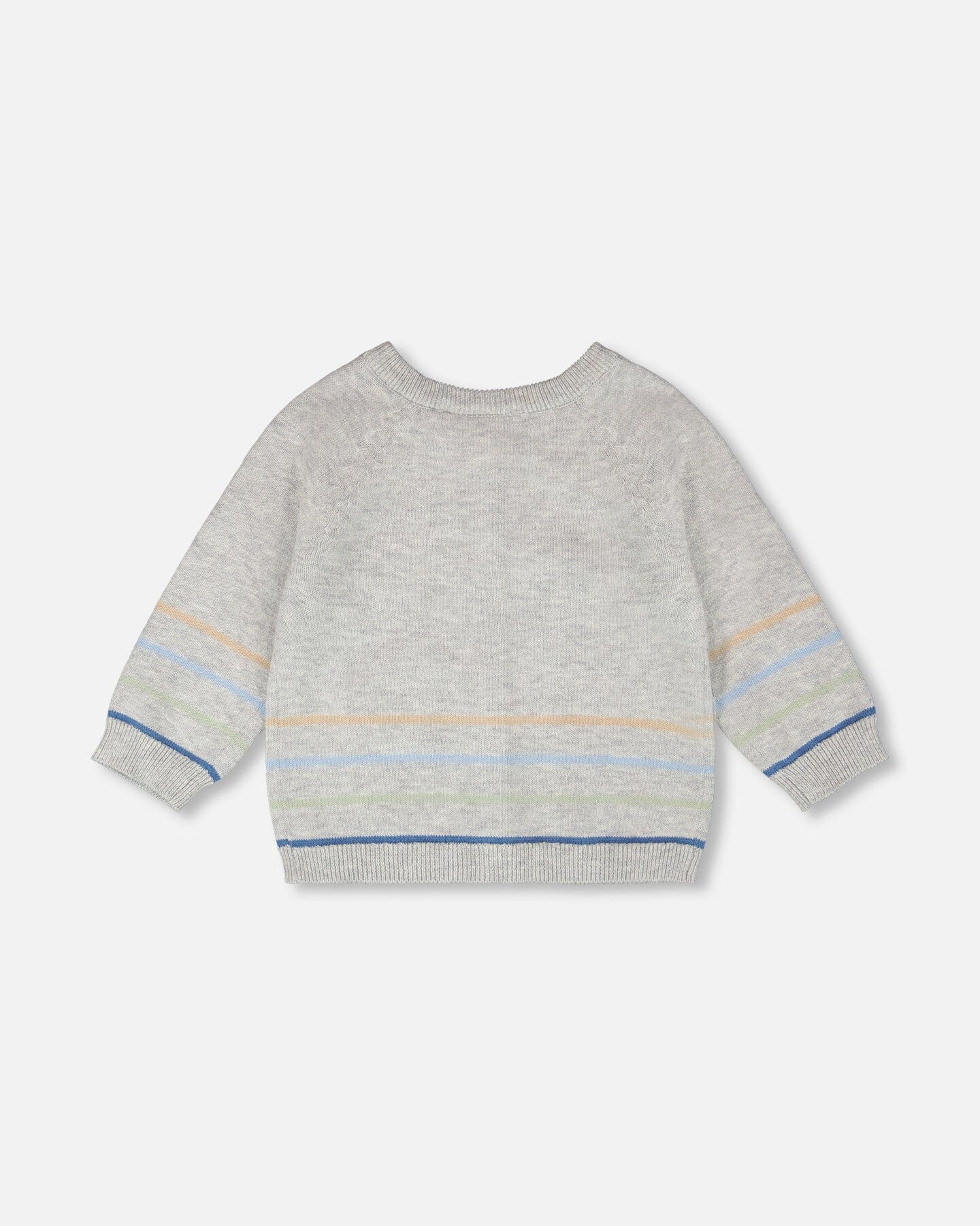 Cardigan en tricot gris clair rayé, encolure ronde, manches et ourlet à bandes
