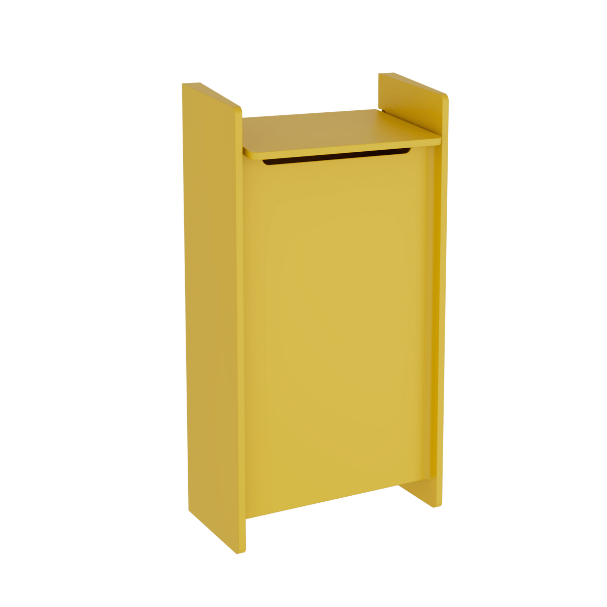 Boîte aux lettres murale verticale en métal jaune, avec fente et toit pare-pluie.