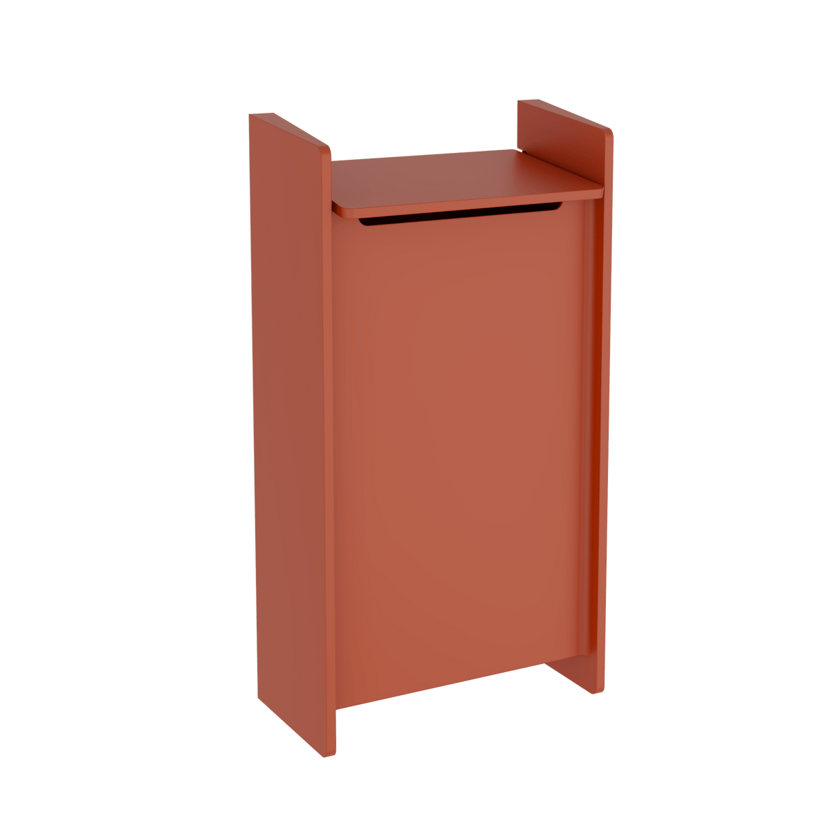 Boîte aux lettres murale verticale en métal terracotta, avec fente et toit pare-pluie.