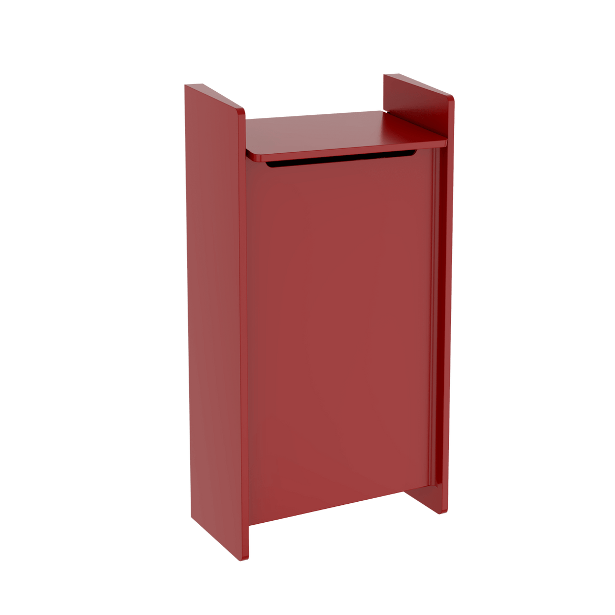 Boîte aux lettres murale verticale en métal rouge, avec fente et toit pare-pluie.