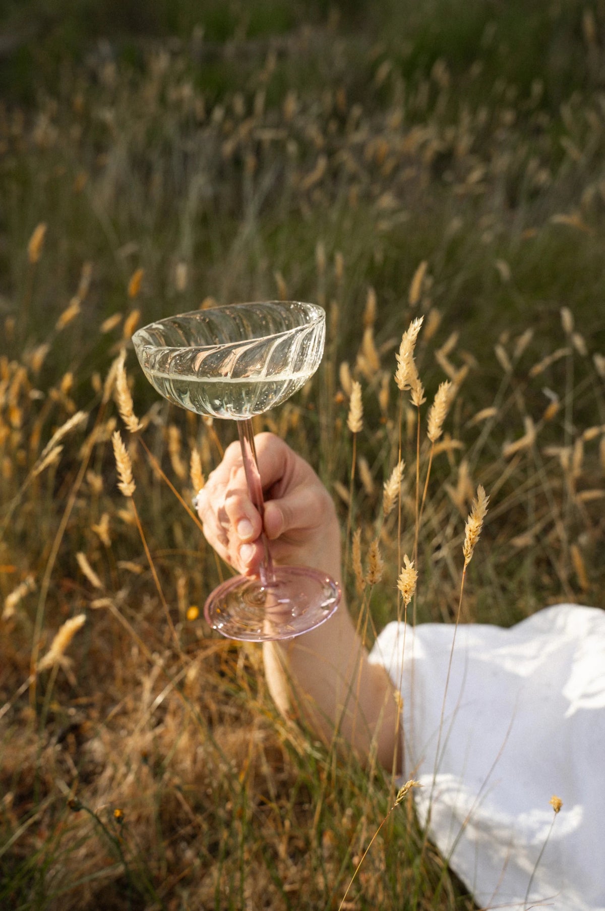 Coupe en verre sur tige avec motif gravé, base rose.