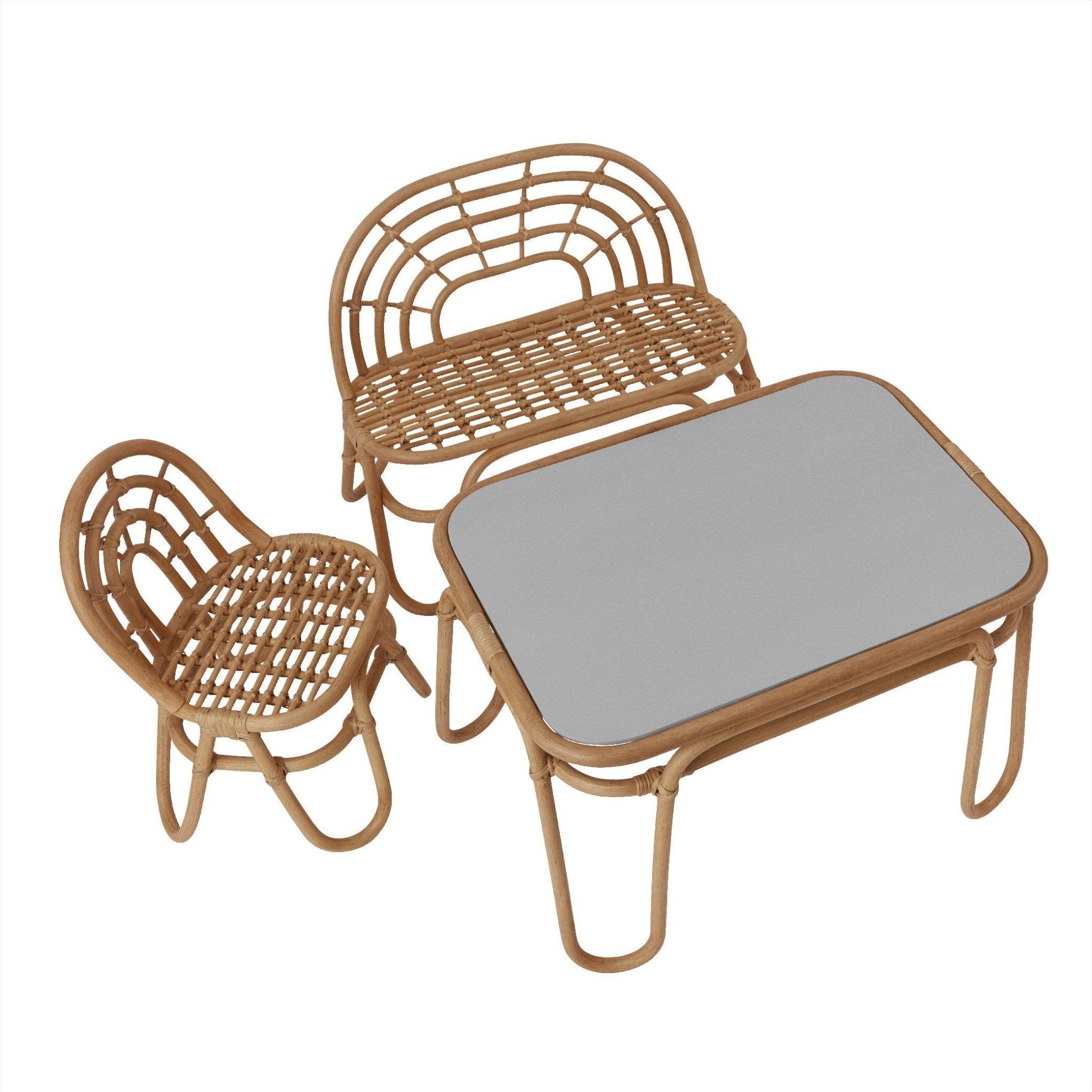 Chaise enfant en rotin naturel avec assise grise rembourrée