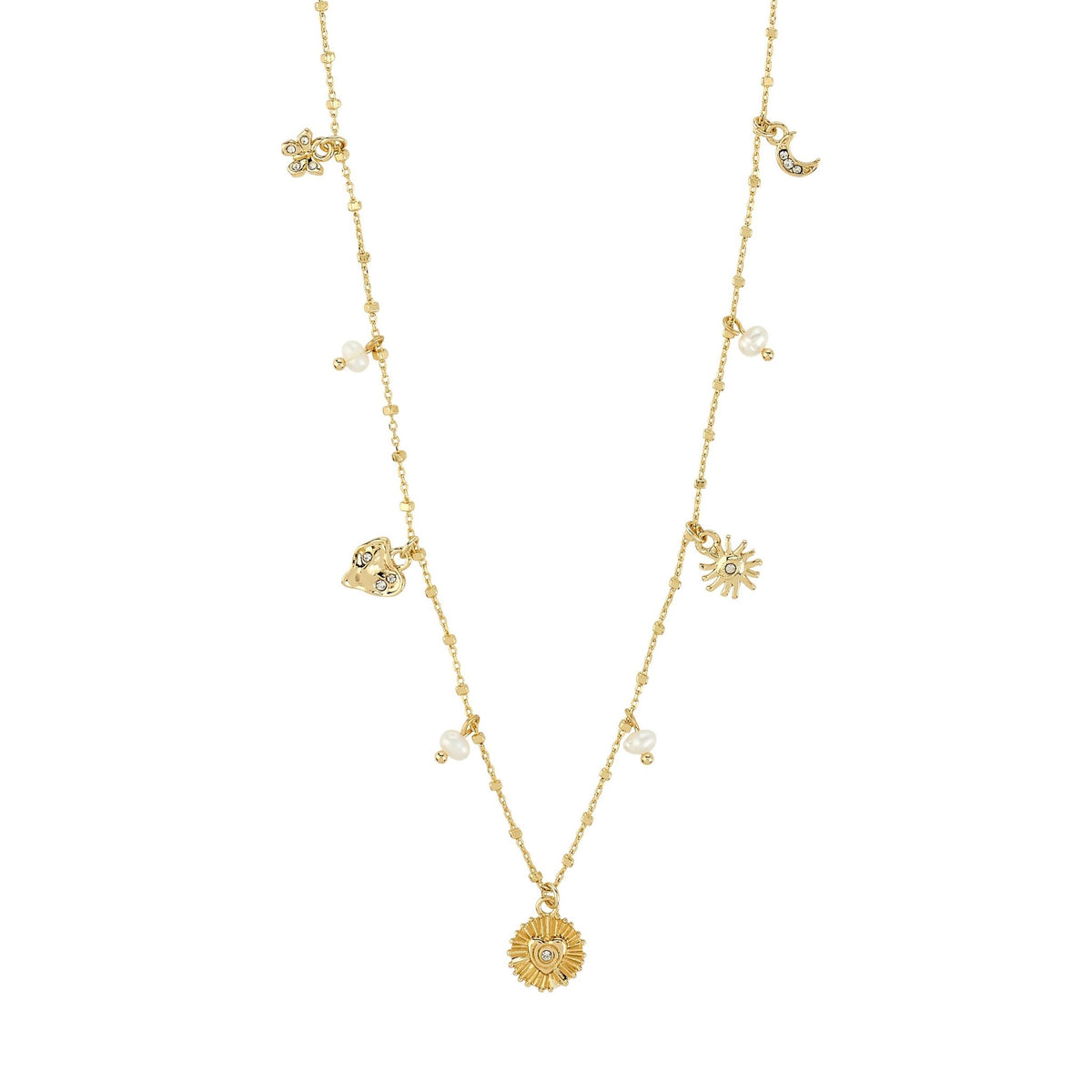 Collier MYLAN Pilgrim avec breloques symboliques soleil, lune et cœur, perles et finition plaquée or ou argent.