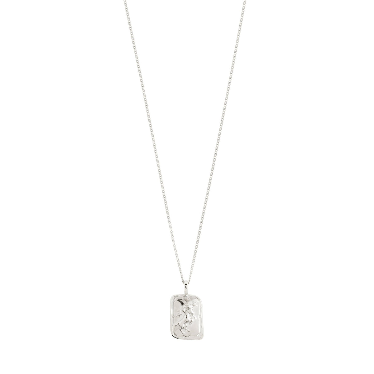 Collier pendentif Bélier plaqué argent : pendentif rectangulaire gravé, chaîne fine.