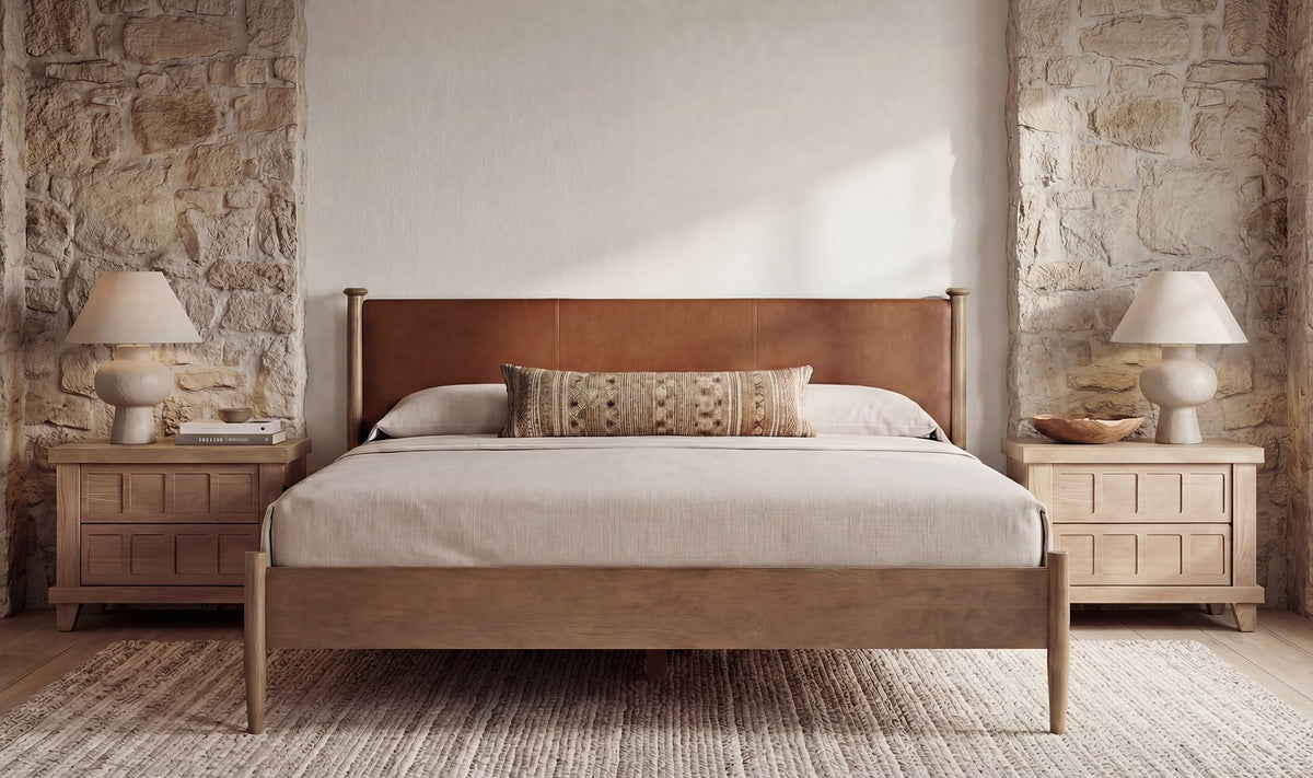Ensemble de chambre Colton | Lit en cuir et manguier | Style mid-century