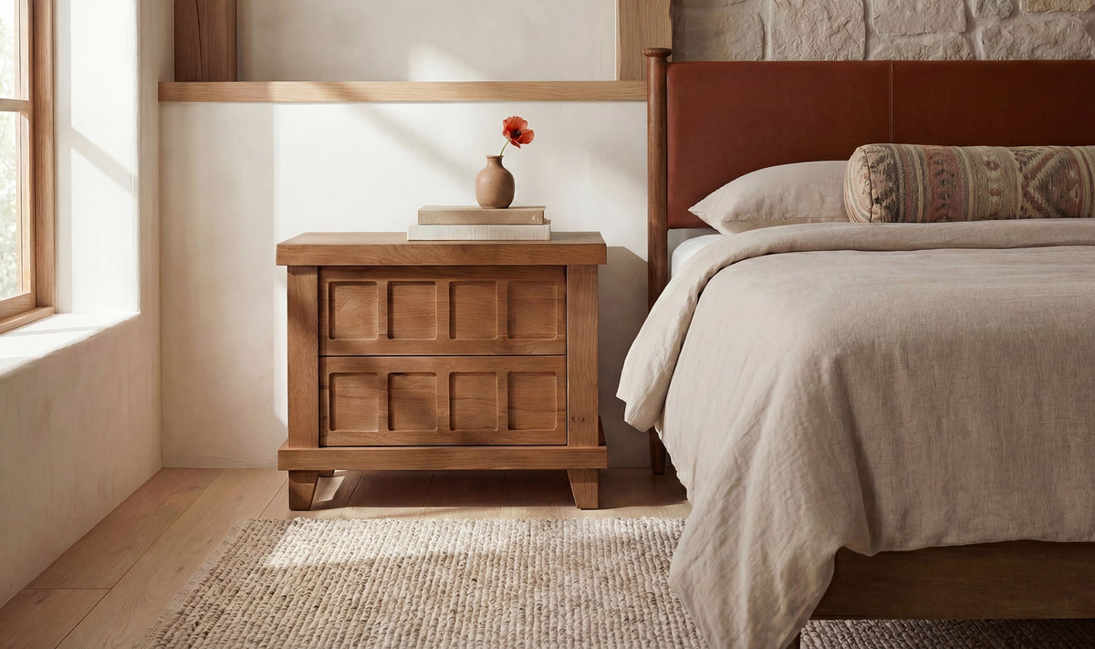 Ensemble de chambre Colton | Lit en cuir et manguier | Style mid-century