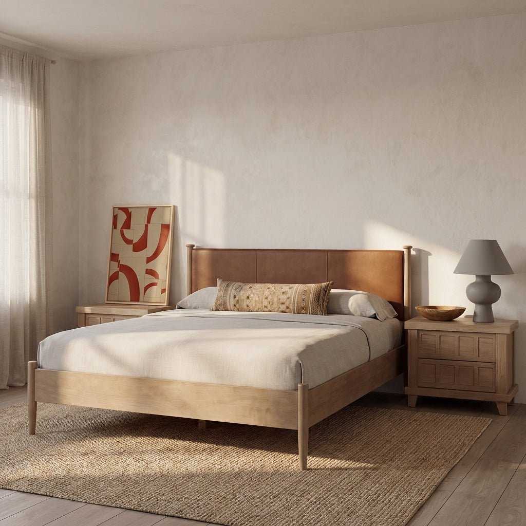Ensemble de chambre Colton | Lit en cuir et manguier | Style mid-century