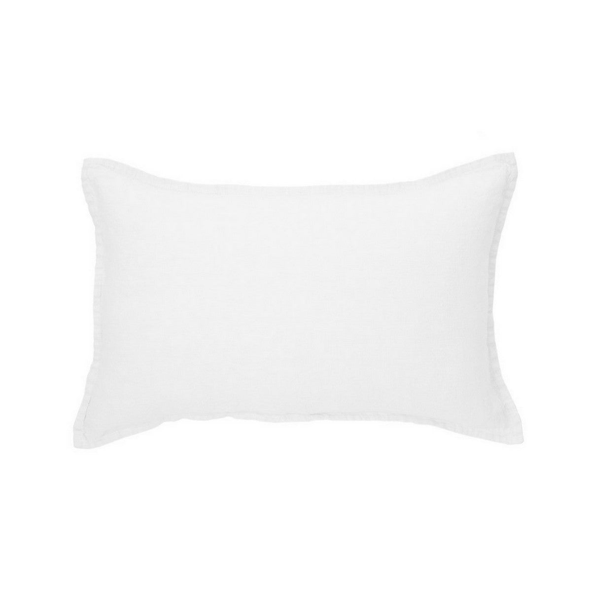 Coussin rectangulaire en lin blanc, aspect stone wash, coutures visibles