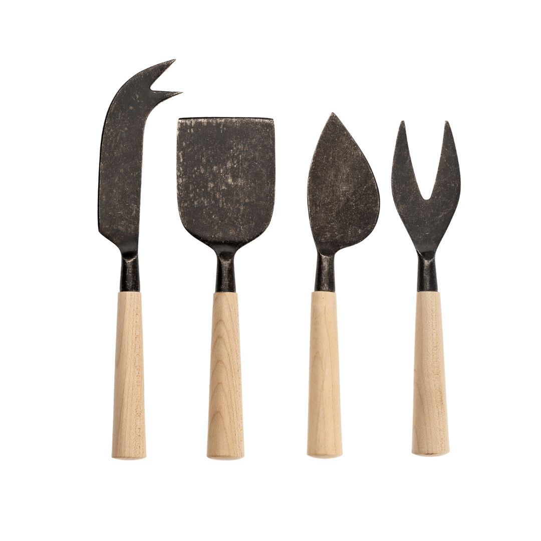 Couteaux à fromage en érable et acier noir | Ensemble de 4 | Forgés à la main - Les Trouvailles de JustineIndaba Home